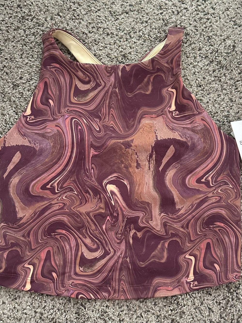 Beyond Yoga Marbled Racerback Sports Bra in Plum and Beige Swirl